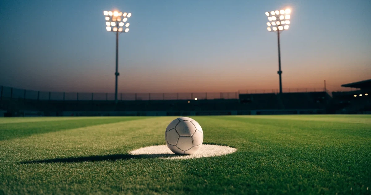 Ein Fussball liegt auf dem Anstosspunkt eines leeren Rasenplatzes in der Abenddämmerung, im Hintergrund leuchten Flutlichtmasten.