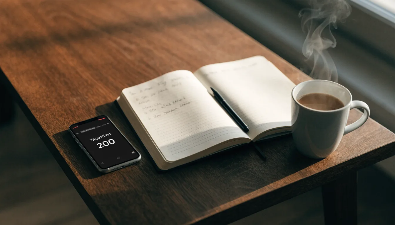 Eine Sanduhr steht neben einem Notizbuch mit handschriftlichen Notizen auf einem Holztisch, daneben dampft eine Tasse Tee.