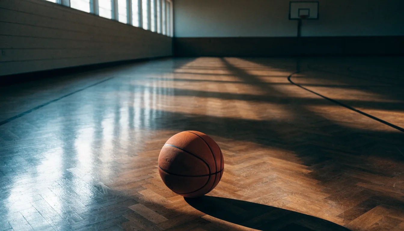 Ein Basketball ruht auf dem polierten Parkett einer leeren Halle, Nachmittagslicht fällt durch hohe Fenster.