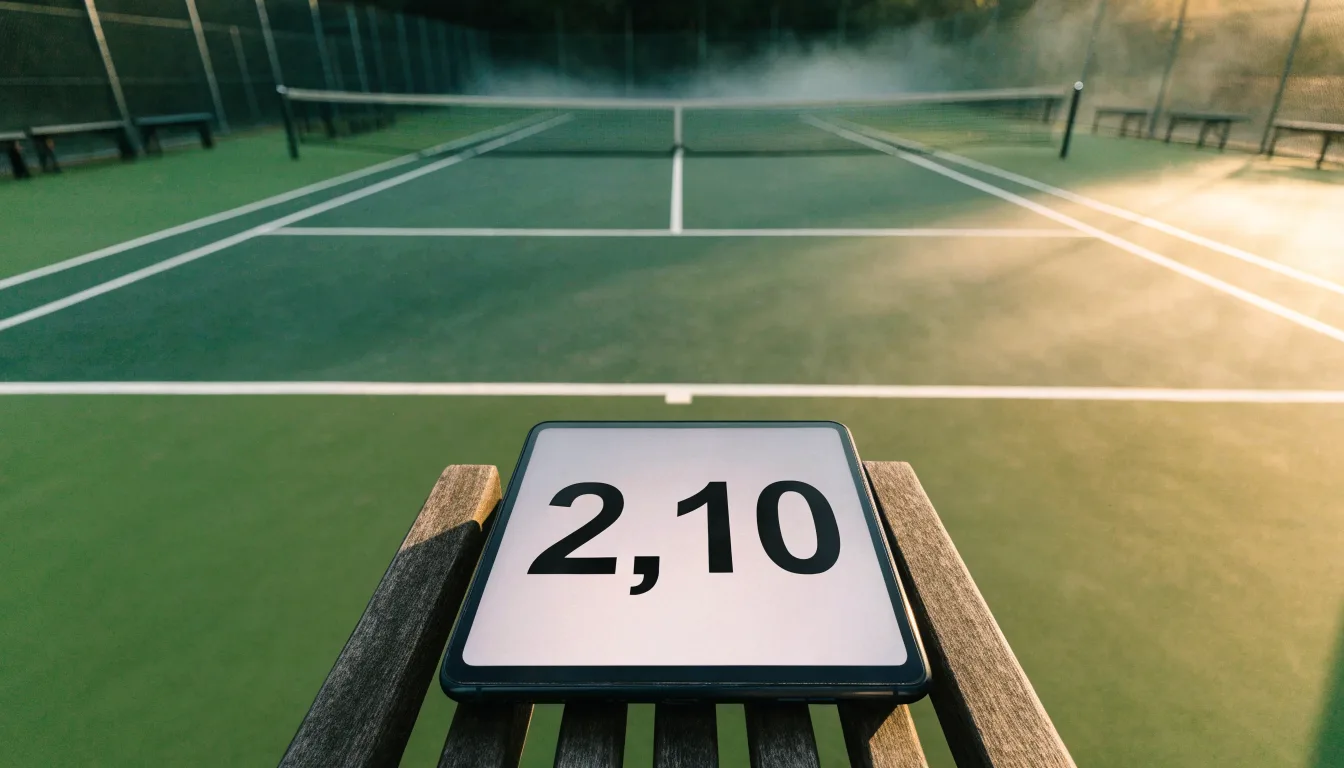 Ein gepflegter Tennisplatz im Morgengrauen, über der Grundlinie hängt leichter Nebel und die Bänke am Rand sind leer.