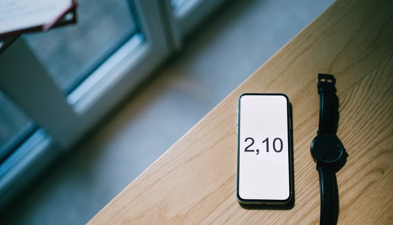 Ein Smartphone liegt mit dem Display nach unten auf einem Tisch neben einer Armbanduhr, im Hintergrund ein unscharfes Fenster.