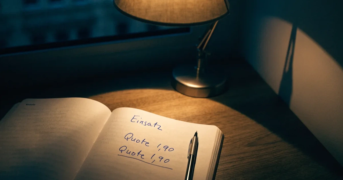 Eine Schreibtischlampe beleuchtet am späten Abend einen Block mit handschriftlichen Notizen und einen Stift.