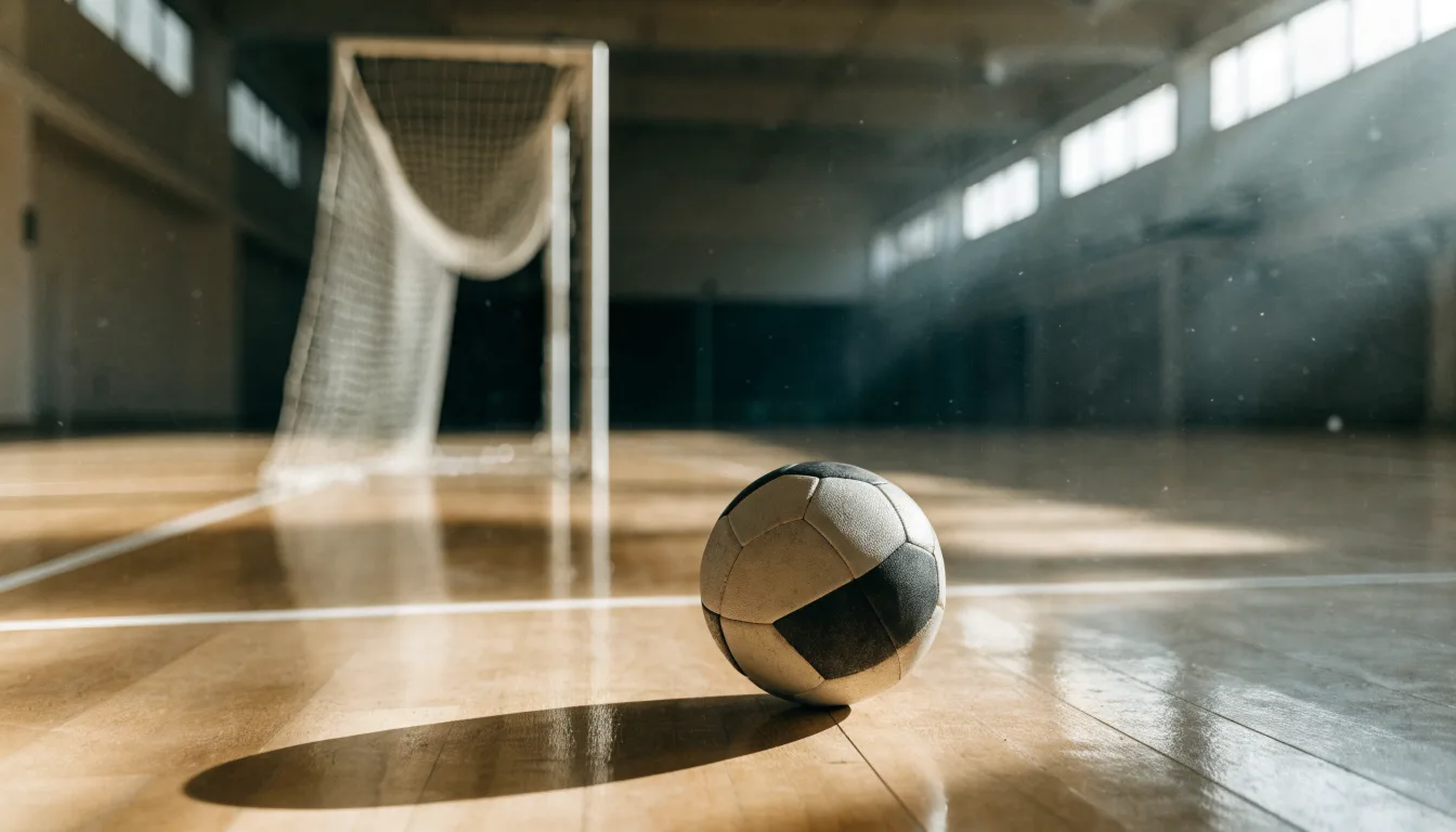 Ein Handball liegt am Rand des Torraums in einer leeren Sporthalle, Licht fällt durch Oberlichter auf den Hallenboden.