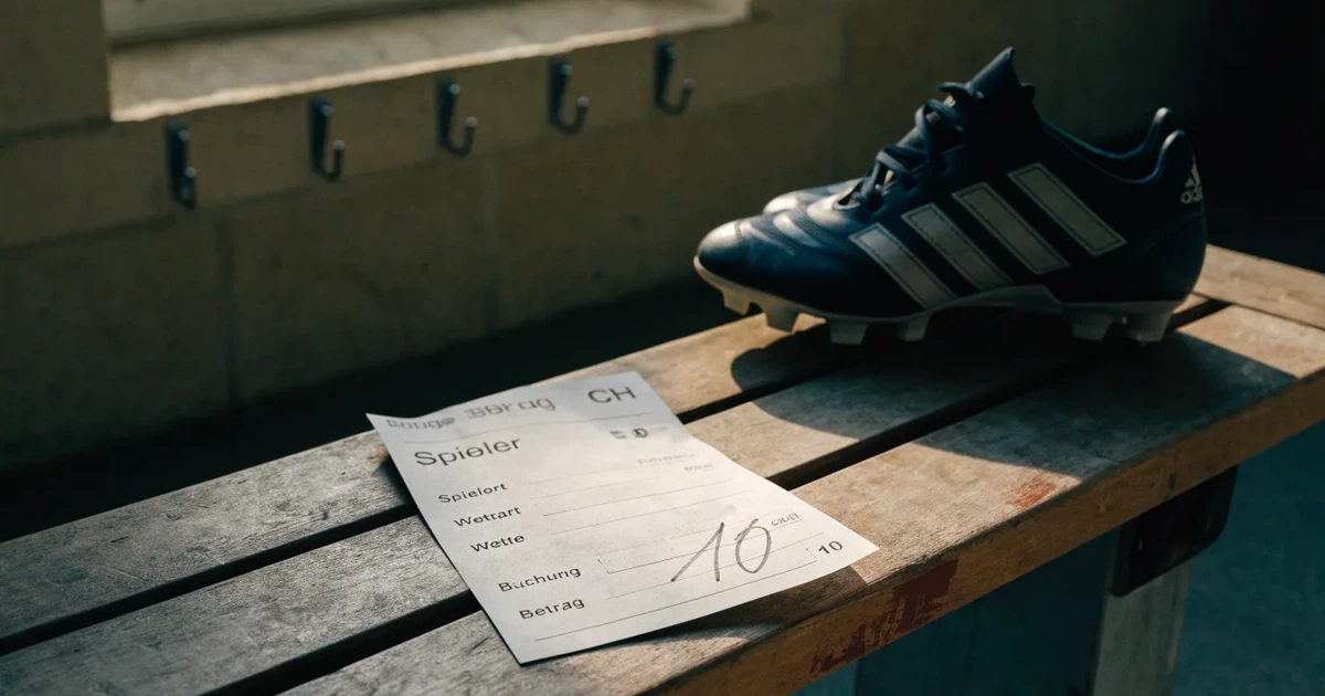 Zwei Fussballschuhe stehen nebeneinander auf einer Holzbank in einer leeren Umkleidekabine.