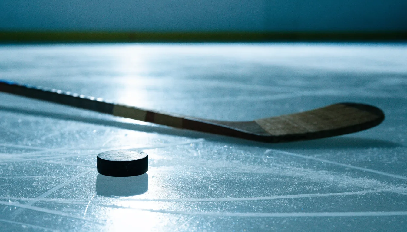 Ein Eishockeypuck und ein Schläger liegen auf einer glänzenden Eisfläche, im Hintergrund verschwimmen leere Banden.