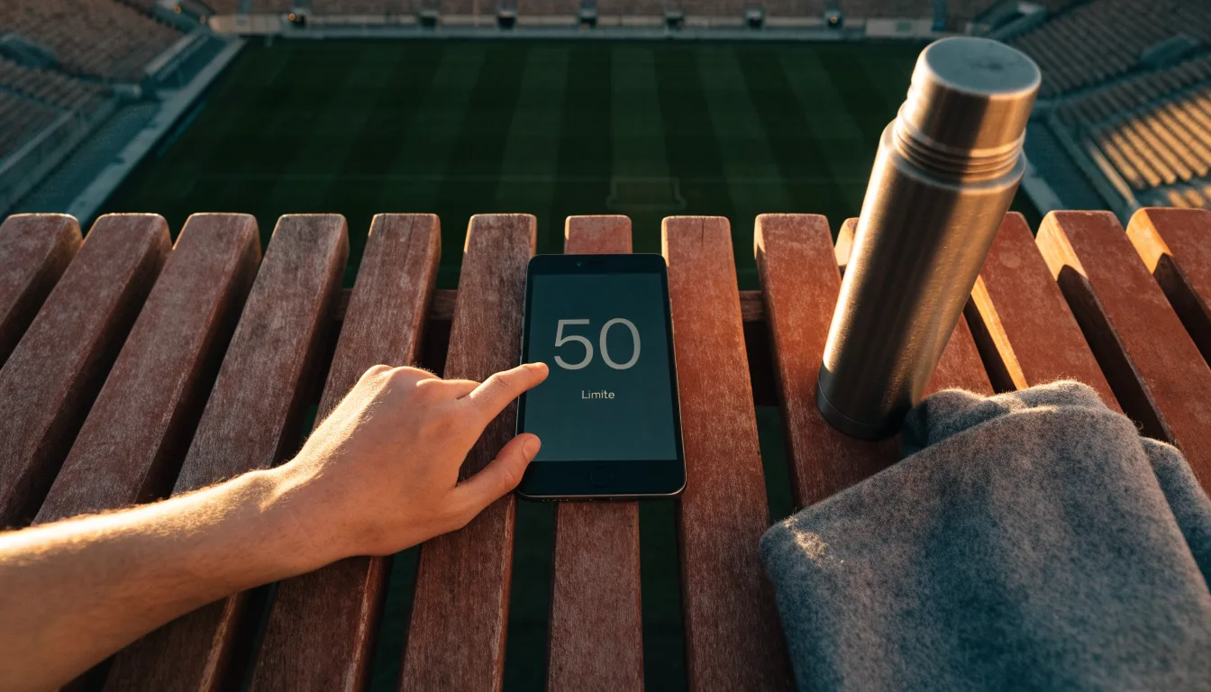 Eine Thermoskanne und eine zusammengelegte Wolldecke stehen auf einer leeren Stadionbank, die Sonne geht hinter den Rängen unter.