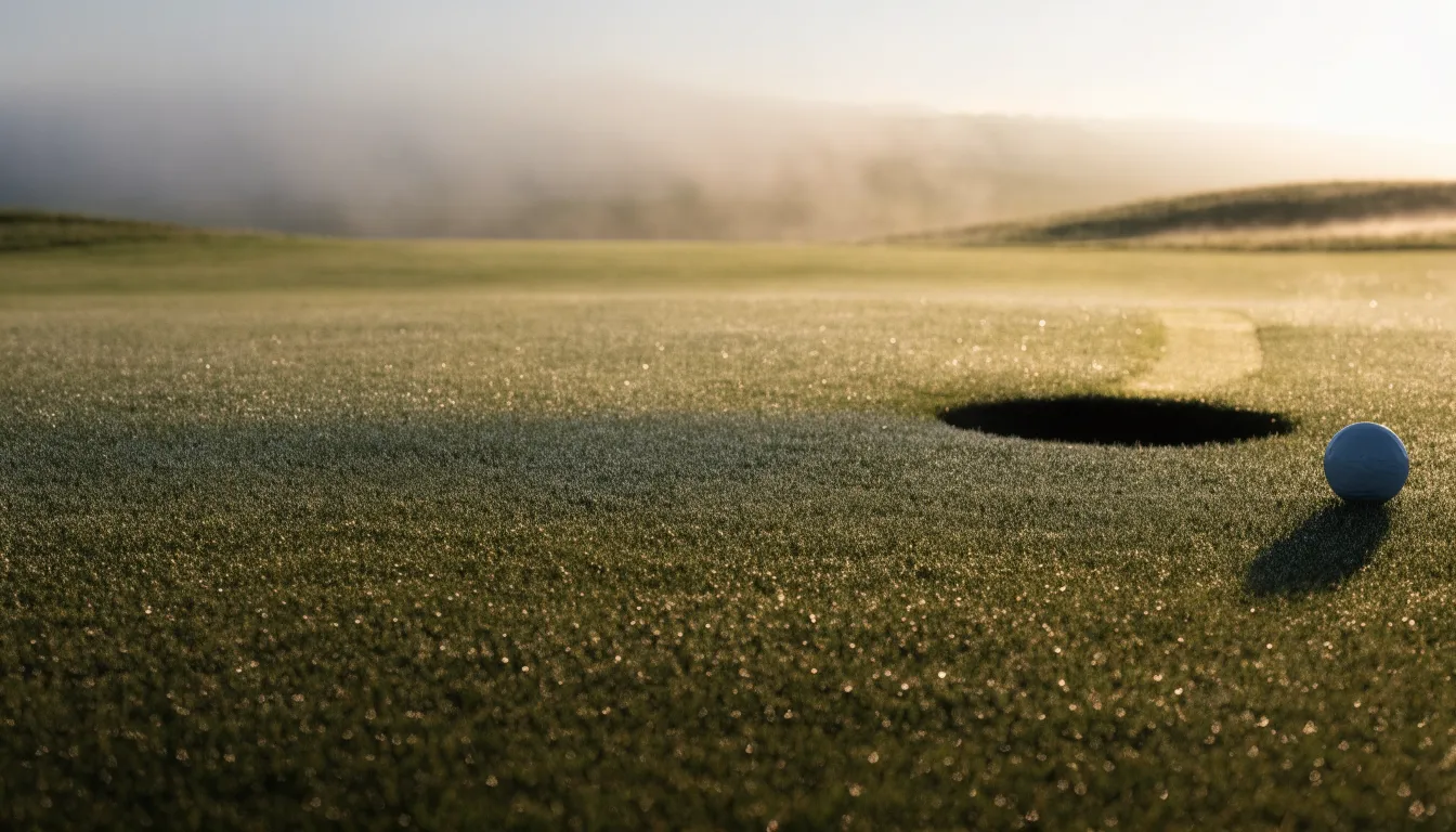 Ein Golfgrün bei Sonnenaufgang mit Tau auf dem Rasen, die Fahnenstange fehlt und im Hintergrund ziehen Nebelschwaden.