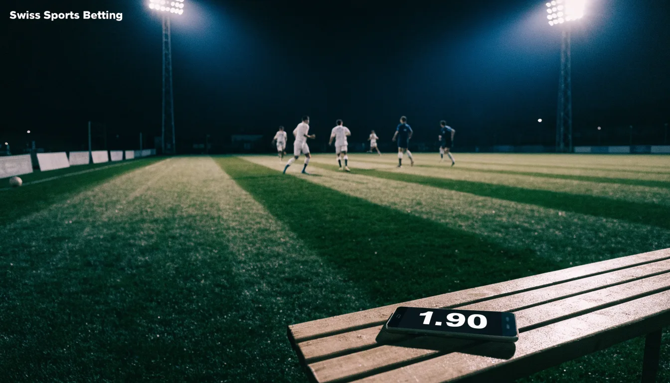 Hohe Flutlichtmasten ragen nachts über einen leeren Trainingsplatz, der Rasen glänzt im weissen Licht.