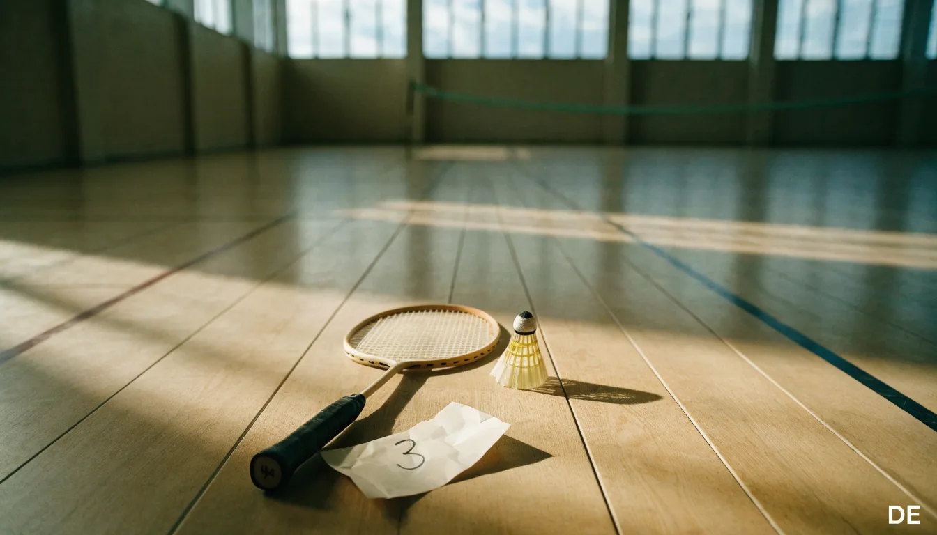 Ein Badmintonschläger liegt neben einem Federball auf dem hellen Hallenboden eines leeren Spielfelds.