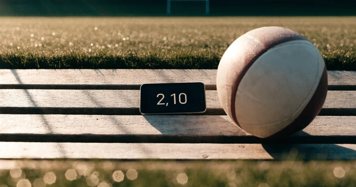 Ein Smartphone mit dunklem Bildschirm liegt neben einem Fussball auf einer Holzbank am Rand eines Trainingsplatzes im Morgenlicht.