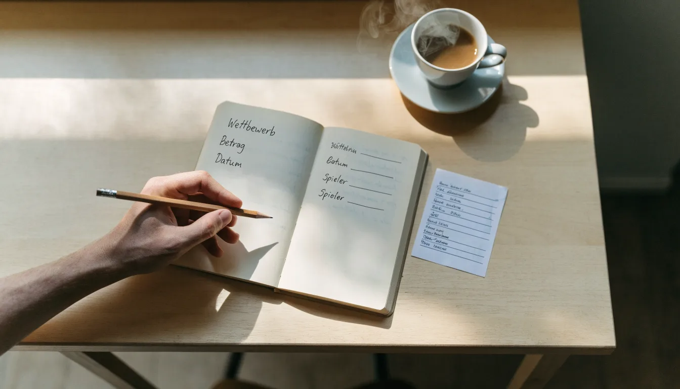 Eine Tasse Kaffee und ein Bleistift liegen auf einem sonnenbeschienenen Küchentisch neben einem leeren Notizblock.
