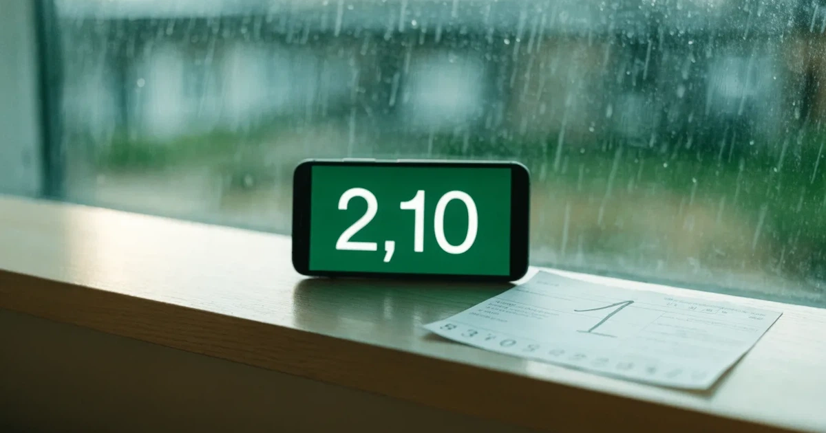 Eine kleine Pappschachtel, mit Schnur zugebunden, steht auf einem Fensterbrett, draussen ein verregneter Hinterhof.