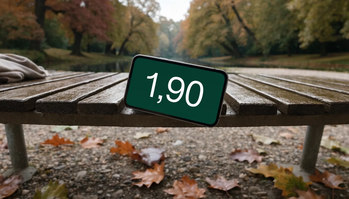 Eine Parkbank unter einer Kastanie, Herbstlaub bedeckt den Kiesweg, im Hintergrund ein stiller Teich.