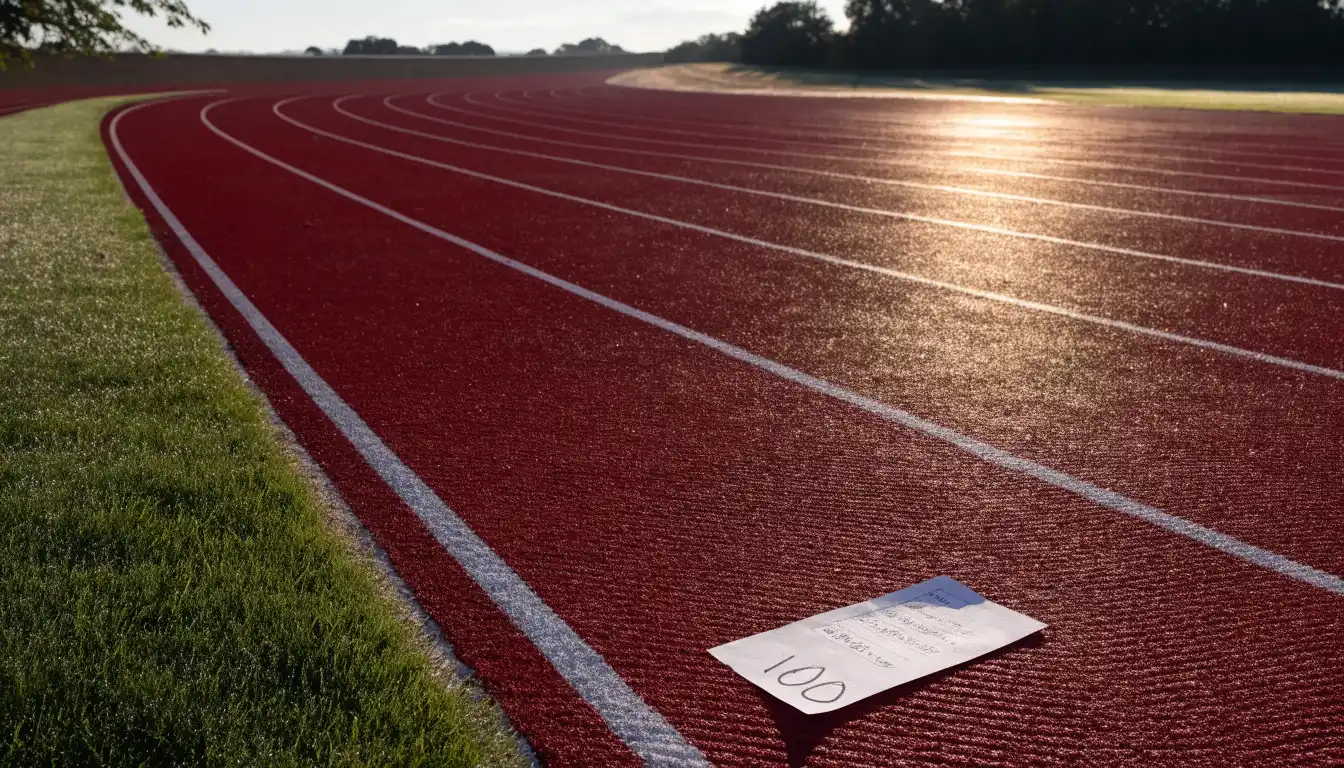 Eine leere Tartanbahn einer Leichtathletikanlage am frühen Morgen, Tau auf den Rasenflächen daneben und tiefstehende Sonne.