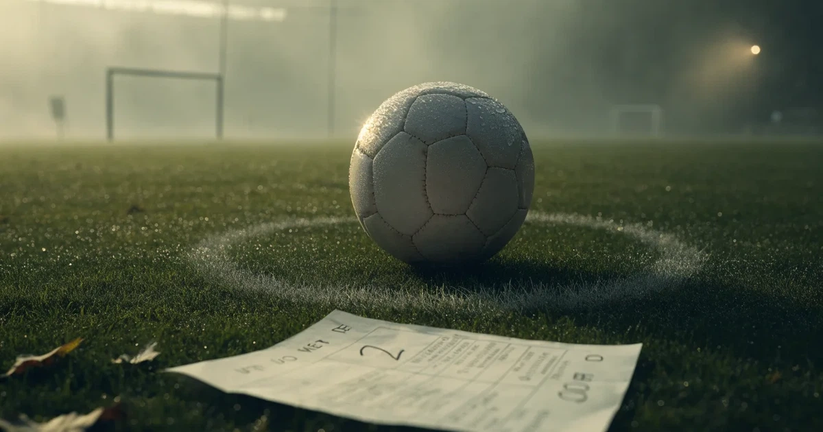 Ein Fussball liegt auf dem Anstosspunkt eines leeren Rasenplatzes im dichten Morgennebel.