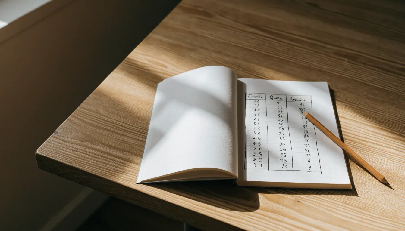 Ein aufgeschlagenes Notizbuch mit handschriftlichen Spalten und ein Bleistift liegen auf einem Holztisch neben einem Fenster.