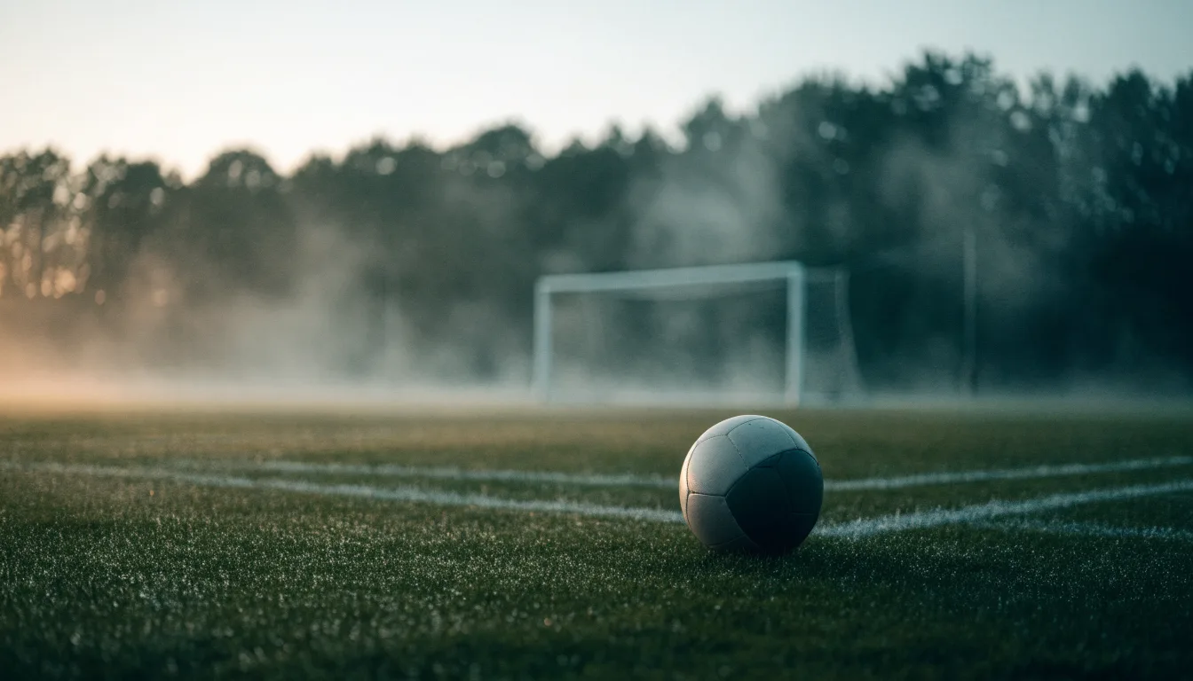 Ein Tennisplatz aus Sand liegt im Morgengrauen still da, Nebel hängt über der Grundlinie und dem aufgespannten Netz.