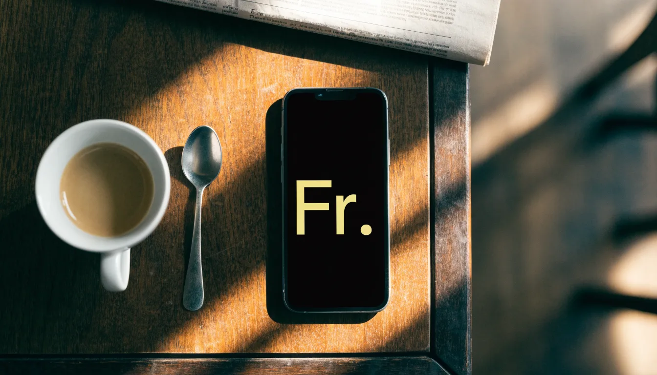 Ein Smartphone liegt mit der Rückseite nach oben auf einem Kaffeehaustisch neben einer Tasse und einem Löffel.