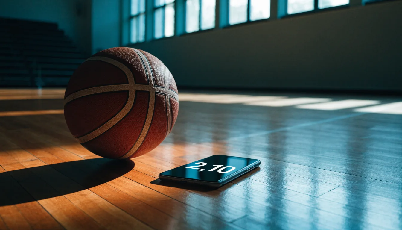 Ein Basketball ruht auf dem Parkett einer leeren Sporthalle, durch hohe Fenster fällt Tageslicht.