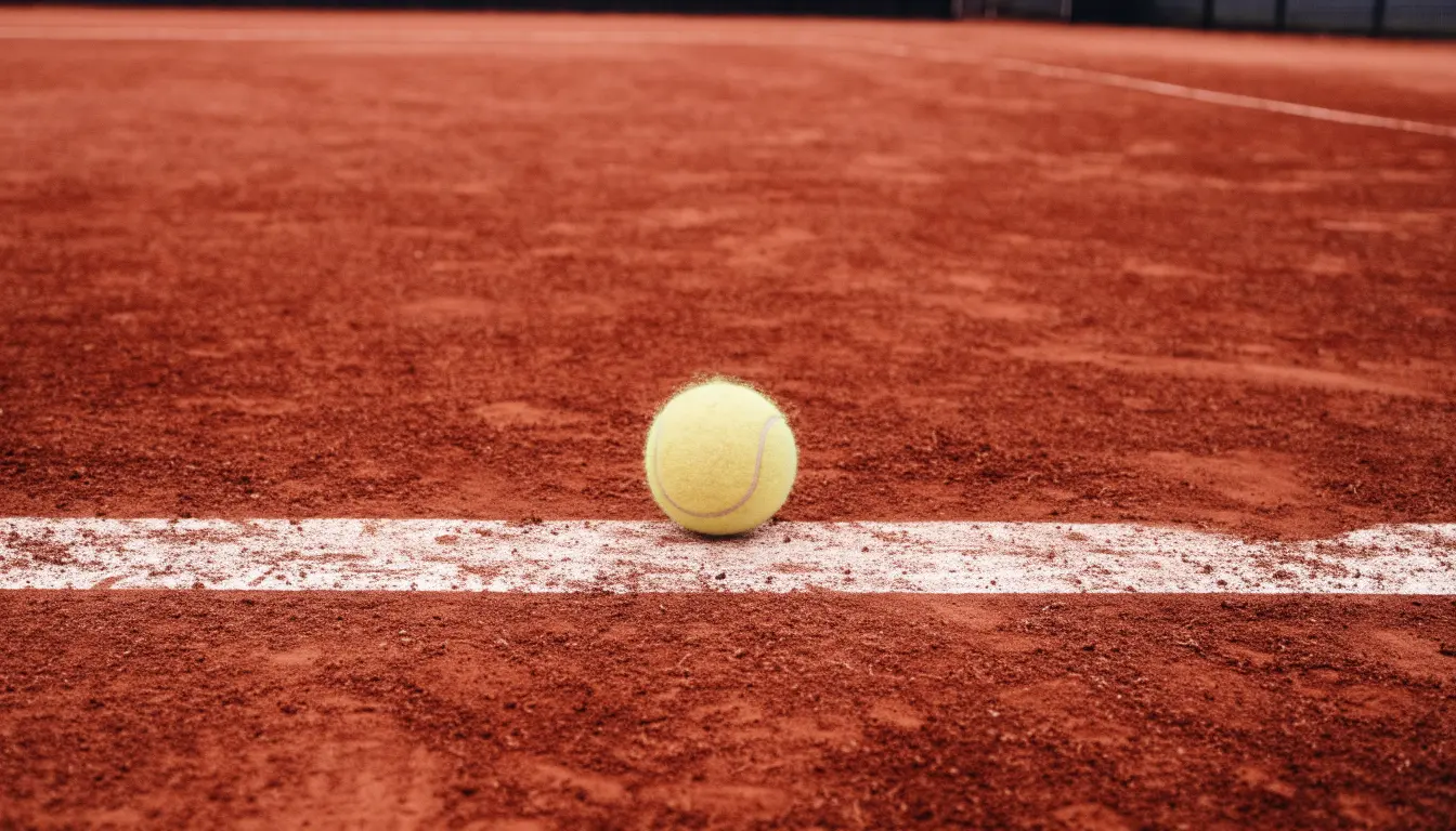 Ein Tennisball liegt auf rotem Sand neben einer verblassten Linie, das Licht ist weich.