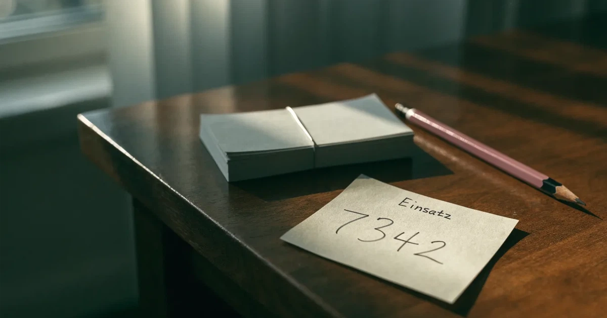 Ein Stapel unbeschriebener Karteikarten, von einem Gummiband gehalten, liegt auf einem Schreibtisch neben einem Bleistift.