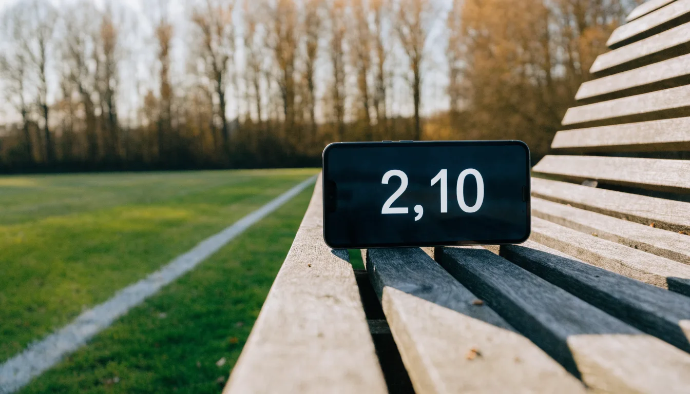 Eine hölzerne Bank steht an der Seitenlinie eines leeren Sportplatzes, dahinter Bäume im Herbstlicht.