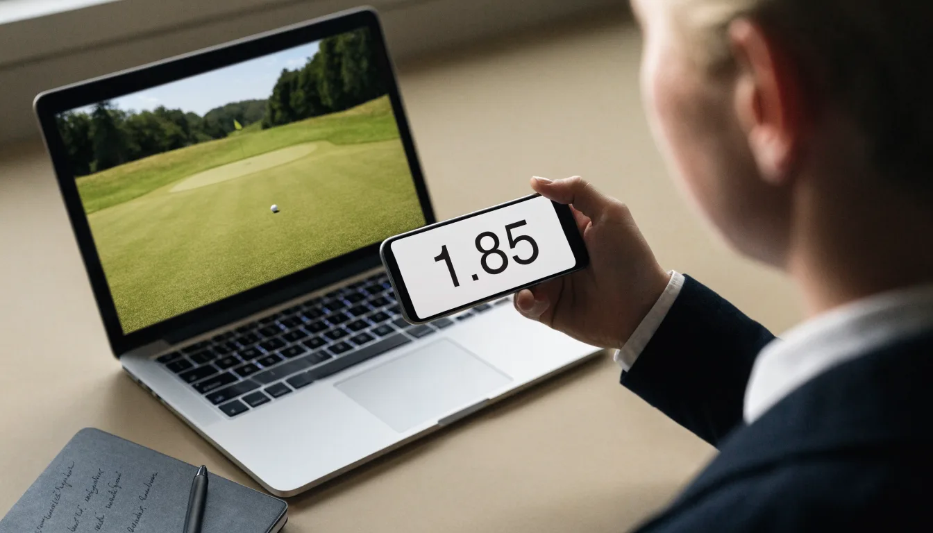 Ein Golfgrün liegt am frühen Morgen im Tau, ein Ball liegt nahe dem Loch.